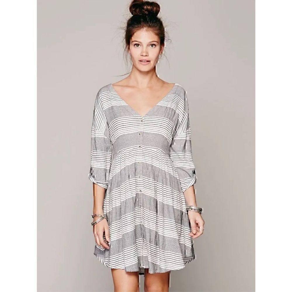 Free People Dress Black White Stripe Mini Tunic Size XS Button Front Rayon